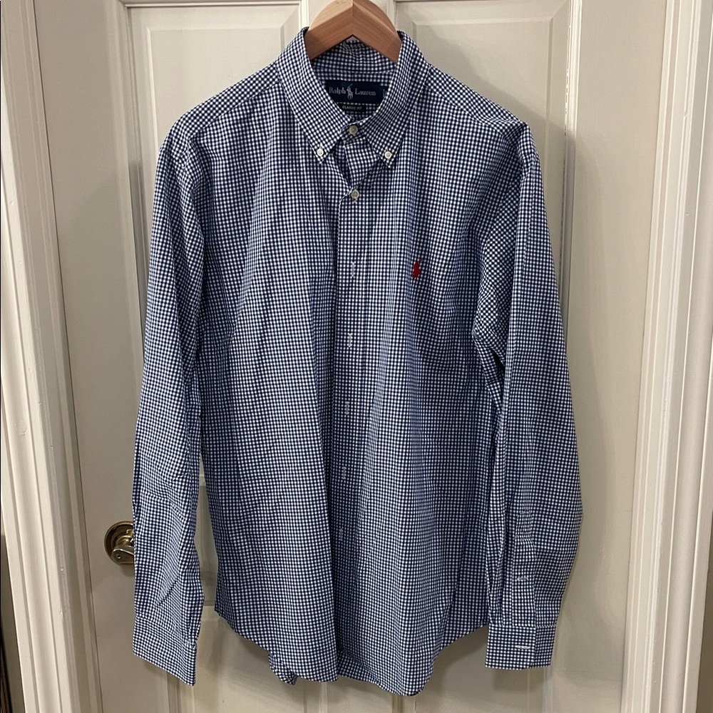 Perfect Ralph Lauren Men’s Navy and White Gingham Button-Down Shirt